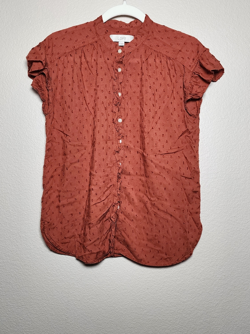 LOFT Rust Ruffle-Trim Button-Front Cap-Sleeve Blouse